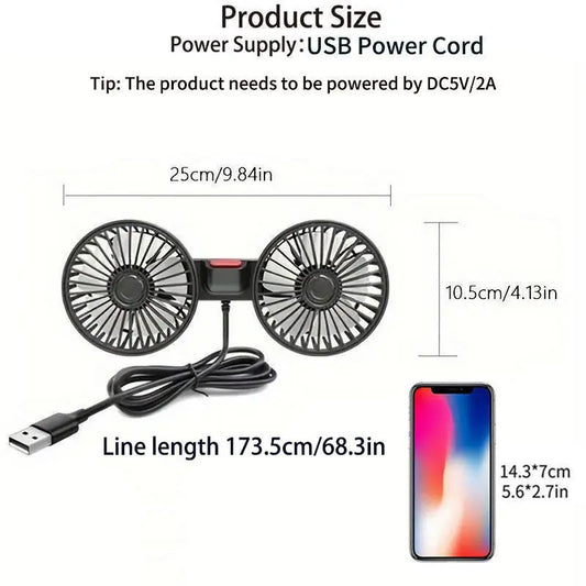 Adjustable Car Backseat Fan, Summer Essential Dual-Head USB Car Fan