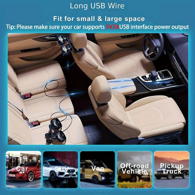 Adjustable Car Backseat Fan, Summer Essential Dual-Head USB Car Fan